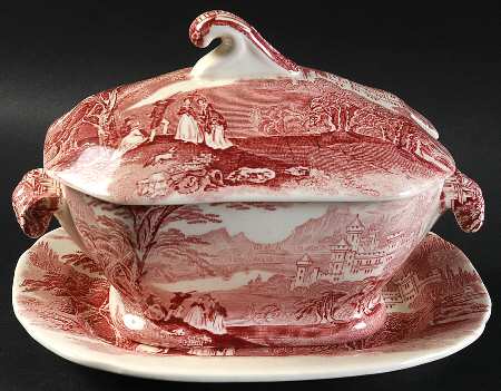 Jenny Lind Pink (Off White Background) Sauce Boat & Lid with Underplate