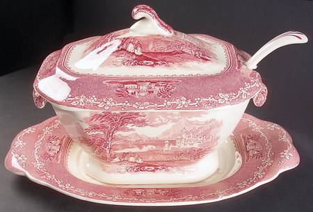 Jenny Lind Pink (Off White Background) Tureen & Lid w/Ladle & Underplate