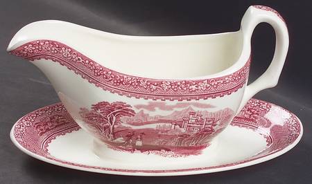 Jenny Lind Pink (Off White Background) Gravy Boat with Attached Underplate