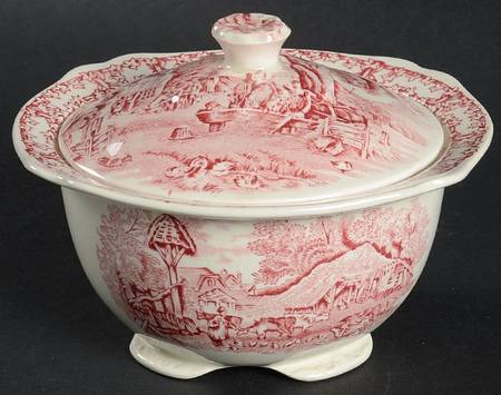 Rural Scenes Red (Round) Sugar Bowl & Lid