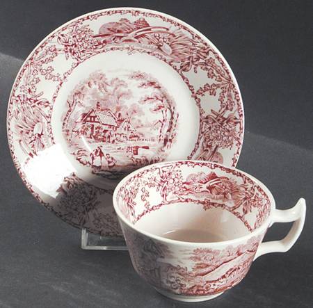 Rural Scenes Red (Round) Flat Cup & Saucer Set