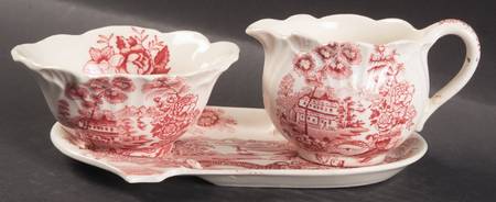 Tonquin Red Pink Mini Creamer & Open Sugar with Tray