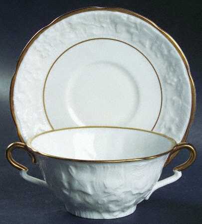 Old English Oak Gold Flat Cream Soup Bowl & Saucer Set