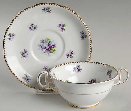 Sweet Violets (Not Embossed, Gold Drops Edge) Footed Cream Soup Bowl & Saucer Set