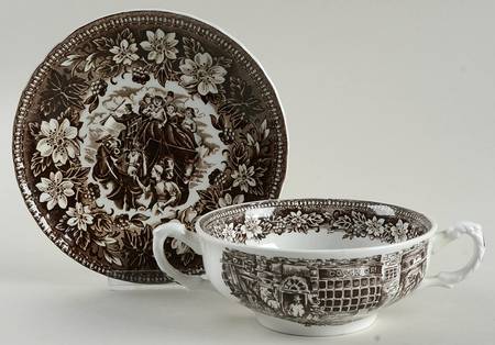 Coaching Taverns Brown Flat Cream Soup Bowl & Saucer Set