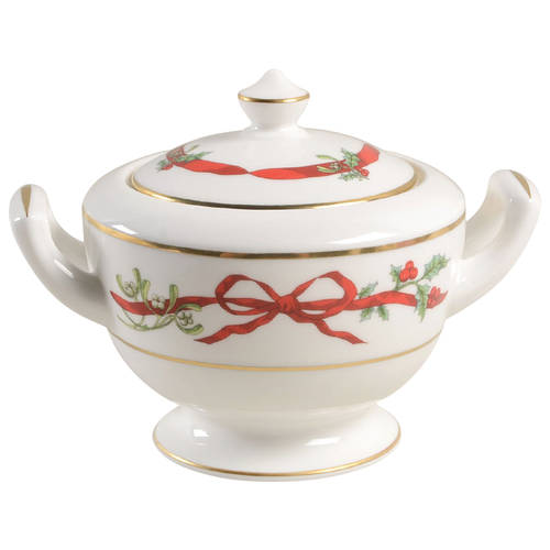 Holly Ribbons Sugar Bowl & Lid