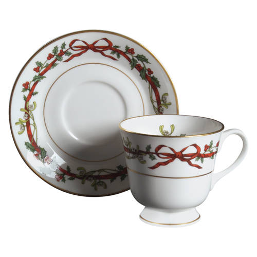 Holly Ribbons Footed Cup & Saucer Set