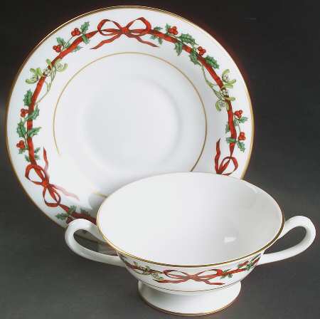 Holly Ribbons Footed Cream Soup Bowl & Saucer Set