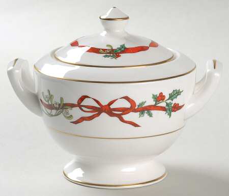 Holly Ribbons Sugar Bowl & Lid