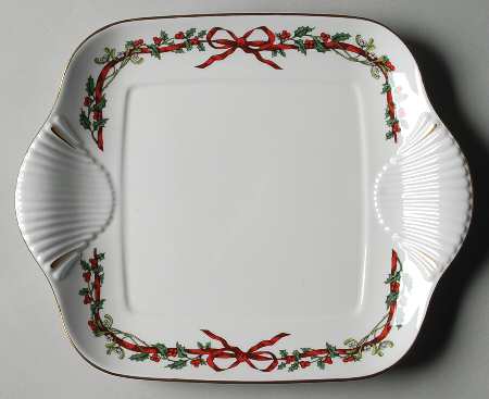 Holly Ribbons Square Handled Cake Plate