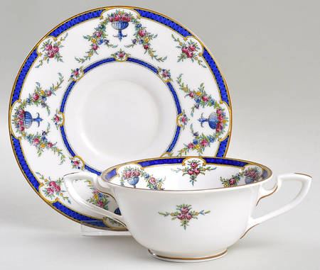Rosemary Dark Blue White Footed Cream Soup Bowl & Saucer Set