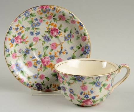 Old Cottage Chintz (Pre 1960, Cream) Ascot Shape Flat Cup & Round Saucer Set