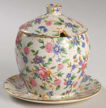 Old Cottage Chintz (Pre 1960, Cream) Jam/Jelly & Lid w/Attached Underplate