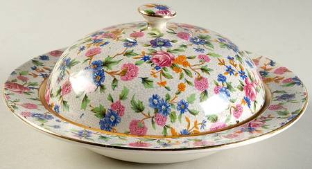 Old Cottage Chintz (Pre 1960, Cream) Muffin Dish & Lid