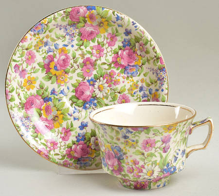 Summertime (Pre 1960, Cream Background, Gold Trim) Flat Cup & Saucer Set