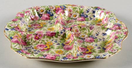 Summertime (Pre 1960, Cream Background, Gold Trim) 4-Part Ascot Shape Relish