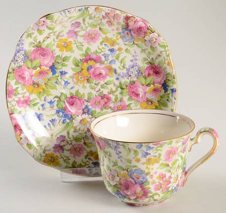 Summertime (Pre 1960, Cream Background, Gold Trim) Flat Cup & Saucer Set