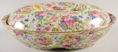 Summertime (Pre 1960, Cream Background, Gold Trim) Oval Covered Vegetable