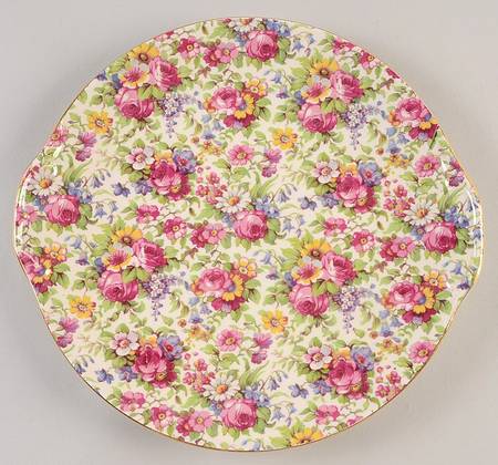 Summertime (Pre 1960, Cream Background, Gold Trim) Handled Cake Plate