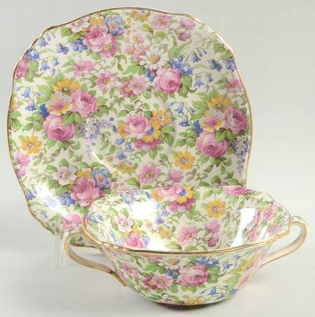 Summertime (Pre 1960, Cream Background, Gold Trim) Flat Cream Soup Bowl & Saucer Set