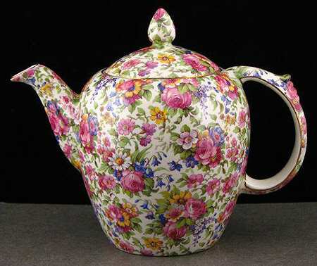 Summertime (Pre 1960, Cream Background, Gold Trim) Unknown Shape #9 Teapot & Lid