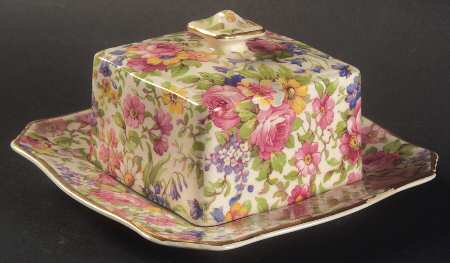 Summertime (Pre 1960, Cream Background, Gold Trim) Small Square Ascot Covered Butter