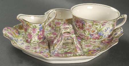 Summertime (Pre 1960, Cream Background, Gold Trim) (5 Piece) Breakfast Set (Cup, Cr, Su, To, Tray)