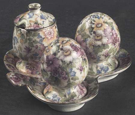 Summertime (Pre 1960, Cream Background, Gold Trim) Clover Leaf Cruet Set, Salt and Pepper, Mustard On