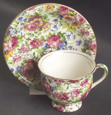 Summertime (Pre 1960, Cream Background, Gold Trim) Albans Footed Demitasse Cup & Saucer Set