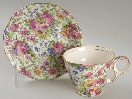 Summertime (Pre 1960, Cream Background, Gold Trim) Raleigh Footed Demitasse Cup & Saucer Set