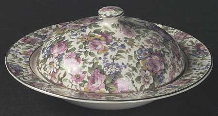 Summertime (Pre 1960, Cream Background, Gold Trim) Muffin Dish & Lid
