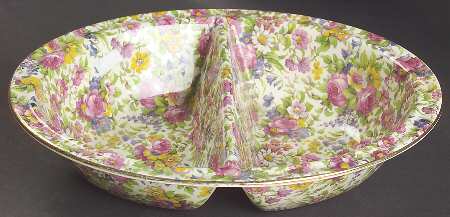 Summertime (Pre 1960, Cream Background, Gold Trim) 10" Oval Divided Vegetable Bowl