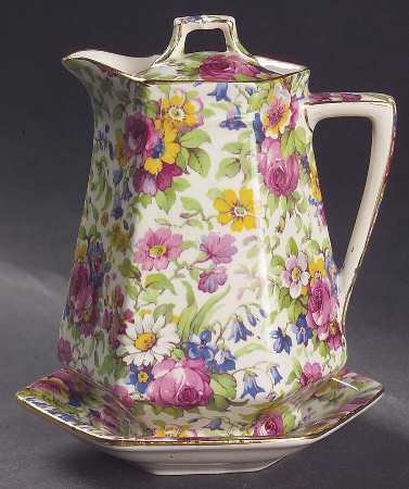 Summertime (Pre 1960, Cream Background, Gold Trim) Sextet Syrup with Lid and Underplate