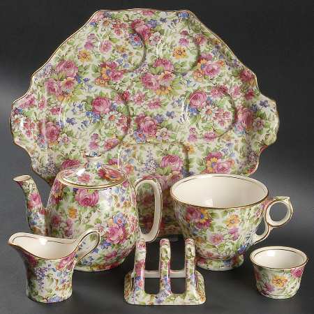 Summertime (Pre 1960, Cream Background, Gold Trim) 6-Piece Breakfast Set (Footed Cup)