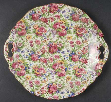 Summertime (Pre 1960, Cream Background, Gold Trim) Handled Cake Plate