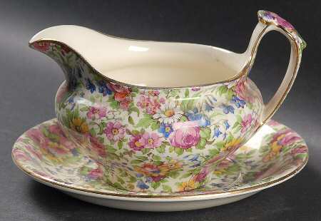 Summertime (Pre 1960, Cream Background, Gold Trim) Open Sauce Boat & Underplate