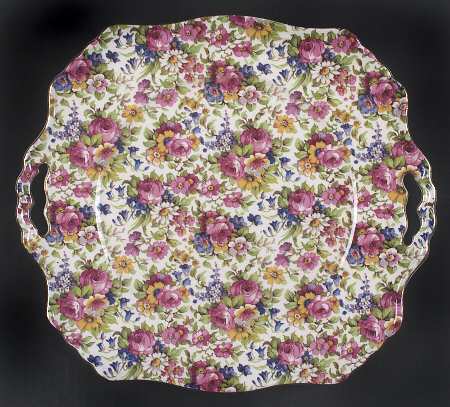 Summertime (Pre 1960, Cream Background, Gold Trim) Ascot Square Handled Cake Plate