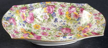 Summertime (Pre 1960, Cream Background, Gold Trim) Oval Open Candy Dish