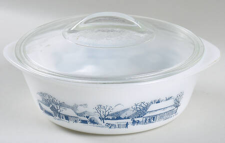 Currier and Ives Blue 2 Quart Round Ovenware Casserole with Lid