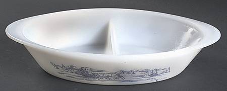 Currier and Ives Blue Oval Divided Open Ovenware Casserole