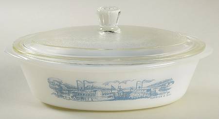 Currier and Ives Blue 1 Qt Oval Ovenware Casserole & Lid