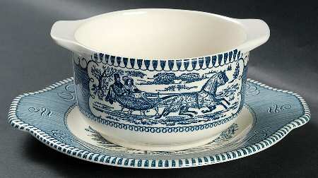 Currier and Ives Blue Gravy Boat & Underplate
