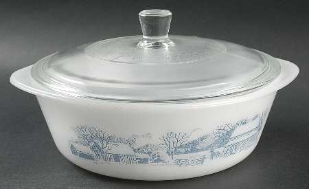 Currier and Ives Blue 2 Quart Round Ovenware Casserole with Lid