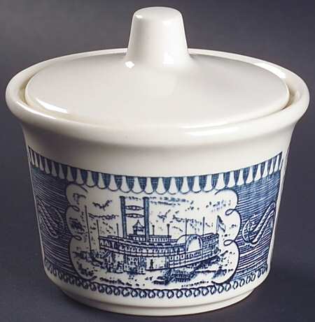Currier and Ives Blue Sugar Bowl & Lid
