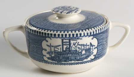 Currier and Ives Blue Sugar Bowl & Lid