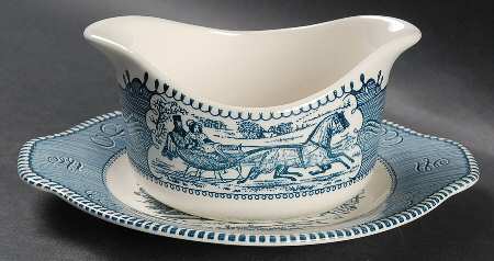 Currier and Ives Blue Gravy Boat & Underplate