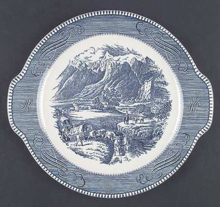 Currier and Ives Blue Handled Cake Plate