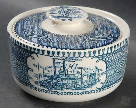 Currier and Ives Blue Sugar Bowl & Lid