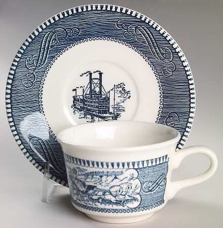 Currier and Ives Blue Flat Cup & Saucer Set