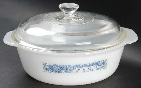 Currier and Ives Blue 1 1/2 Quart Round Ovenware Casserole with Lid